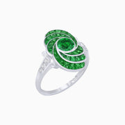 Art Deco Style Swirl Ring with Round Center Stone and Calibre-Cut Gemstone Accents - Shahin Jewelry